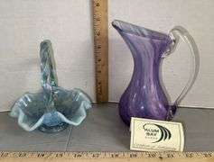 Fenton Iridescent Blue Basket & Alum Bay Glass Neptune Pitcher