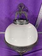 Antique Hanging Cast Iron Milk Glass Oil Lamp Converted To Electric Bulb