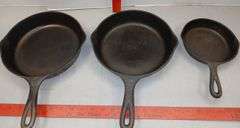 Two Wagner Cast Iron Pans & One Unmarked Cast Iron Pan w/ Heat Ring