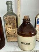 Davis & Co. Mercury Stoneware Jug & Assorted Apothecary Bottles