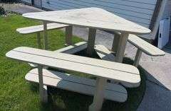 Wood 38” tall- 52” Triangle Table w/ Benches & Foot Rests