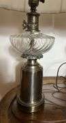 Antique Carved Wooden Side Table w/ Glass Top (21”T,27”L,19”W) + Brass & Cut Glass Table Lamps