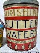 Sunshine Butter Wafers Tin, American Logs Container & Vintage Metal Sand Buckets