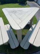 Wood 38” tall- 52” Triangle Table w/ Benches & Foot Rests