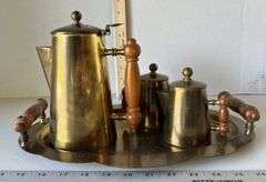 1942 Blake Brass Coffee Pot, Creamer & Sugar Bowl w/ Wood Handles