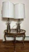 Antique Carved Wooden Side Table w/ Glass Top (21”T,27”L,19”W) + Brass & Cut Glass Table Lamps