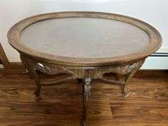 Antique Carved Wooden Side Table w/ Glass Top (21”T,27”L,19”W) + Brass & Cut Glass Table Lamps
