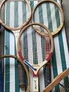 Five Vintage Tennis Rackets & Golf Clubs, Bag Captains Chair + Misc. Items