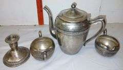Sterling Silver Candle Holder, B.Rogers Silver Tea Pot, Cream and Sugar