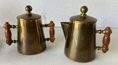 1942 Blake Brass Coffee Pot, Creamer & Sugar Bowl w/ Wood Handles