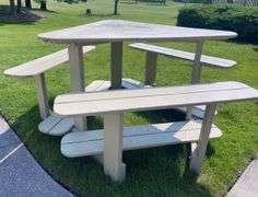 Wood 38” tall- 52” Triangle Table w/ Benches & Foot Rests
