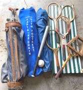 Five Vintage Tennis Rackets & Golf Clubs, Bag Captains Chair + Misc. Items