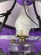 Antique Hanging Cast Iron Milk Glass Oil Lamp Converted To Electric Bulb