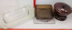 Pyrex Baking Dishes, Brown Glazed Bean Pot + Cooling Racks - Sherwood ...