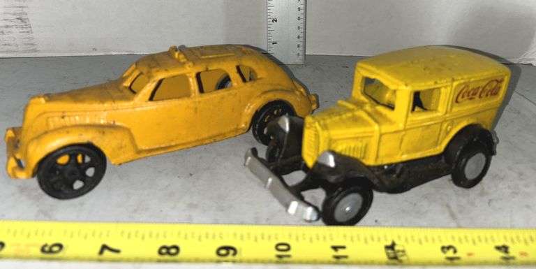 Cast Iron Yellow Taxi & Cast Iron Yellow Coca Cola Delivery Truck Car