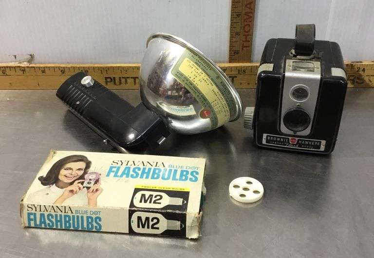 Kodak Brownie Hawkeye Camera, Kodak Flash Holder and Sylvania Flashbulbs