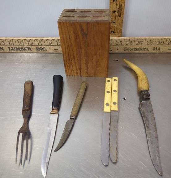 Wooden Crate with Copper Ladle 6" Cast Iron Pan, & Block of Knives