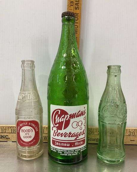 Vintage Beverage Bottles & 7 Striped Iced Tea Glasses