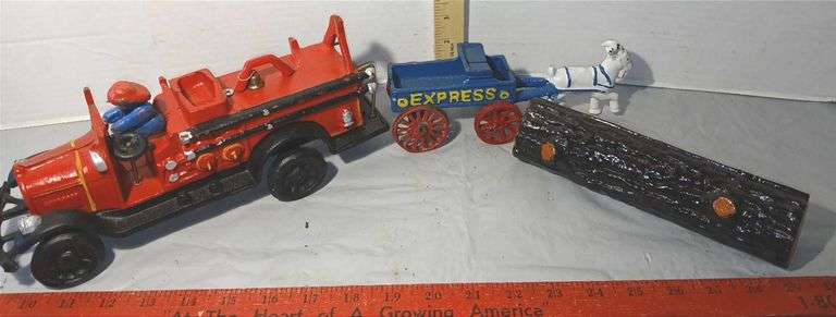 Cast Iron Goat Pulling Cart, Fire Truck & Log