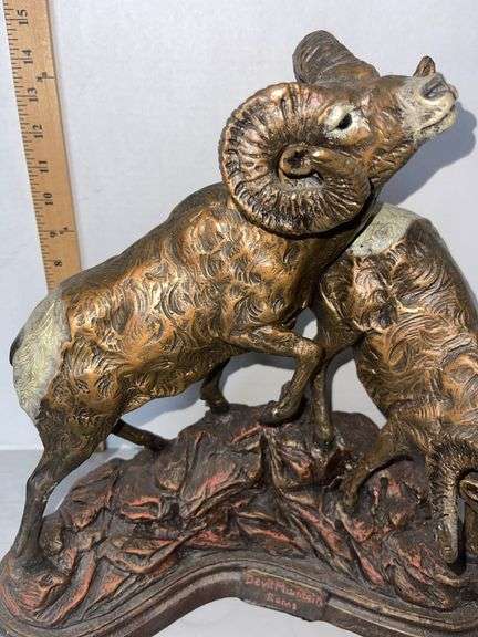 “Devil Mountain Rams” Resin & Faux Bronze Pantina Sculpture- Dick Idol Collection by Big Sky Carvers