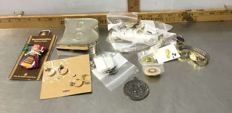 Trinket Box, Tie Clips, Cuff Links, Earrings, Pins, Watch and Guatemala Worry Doll