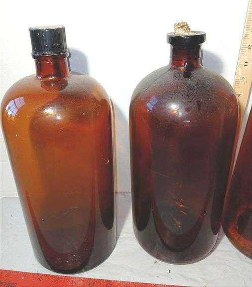 Four 13" Tall Brown Glass Apothecary Bottles