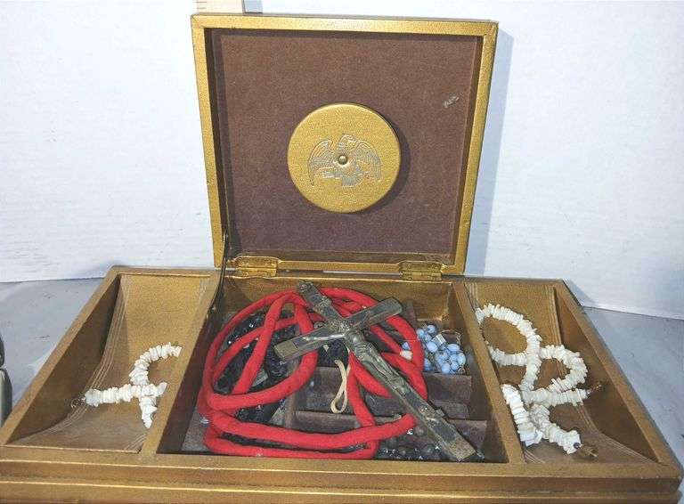 Two-Tiered Jewelry Box Containing Rosaries, Necklaces & Other Jewelry