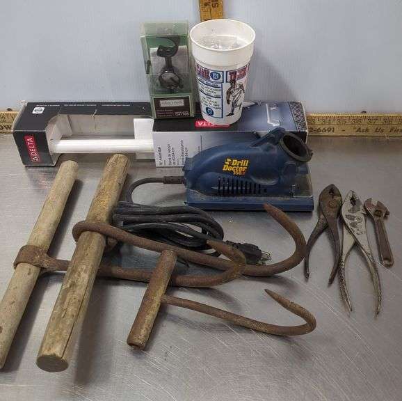 3 Hay Hooks, Drill Doctor (powers on), Towel Bracket, Baseball Cards & More