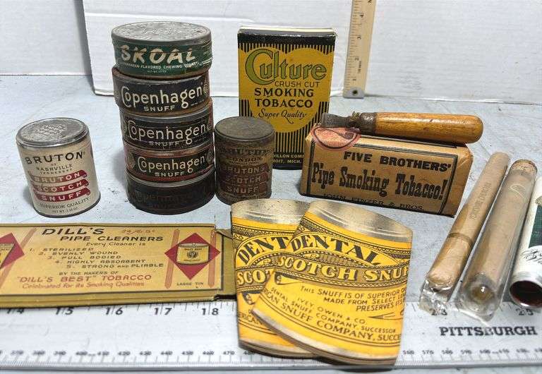 Culture Crush Cut Tobacco Box, Skoal & Copenhagen Snuff & Various Vintage Tobacco Related Items
