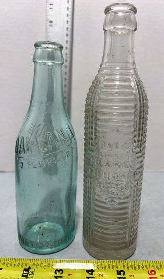 Oakland Pontiac Green Glass Bottle & Orange Crush Soda Glass Bottle