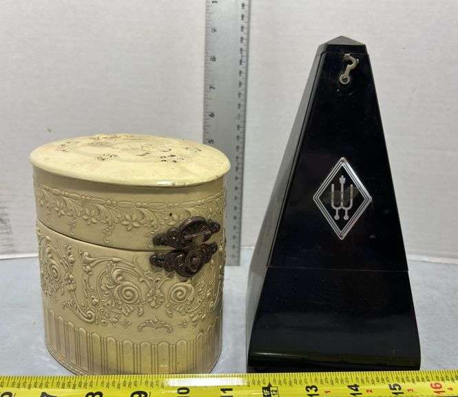 White Celluloid Box of Victorian Collars And Cuffs & Wittner Wooden Metronomes