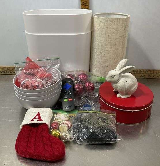 Cast Iron Small Bunny, Christmas Ornaments, Plastic Bowls, Desk Lamp(lights up), Waste Baskets & Mor