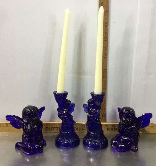 Cobalt Blue Angel Candlestick Holders and 2 Candles