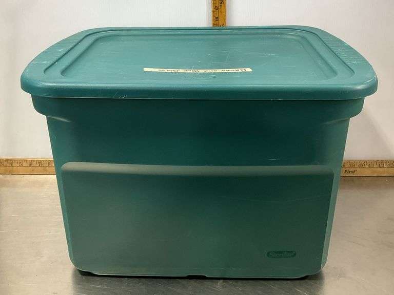 Tote with Lid Filled with Vintage Glass Bottles