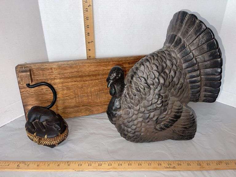Resin Turkey, Wood 20” x 8” Tray w/ Metal Handles & Hand Carved Water Buffalo Trinket Box