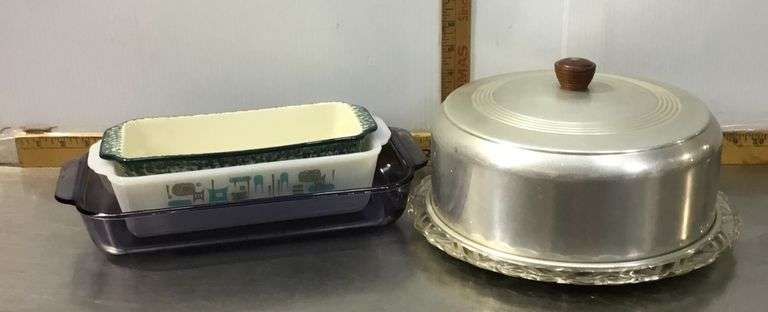 Cake Plate With Cover, 2 Glass Bread Pans and Baking Dish