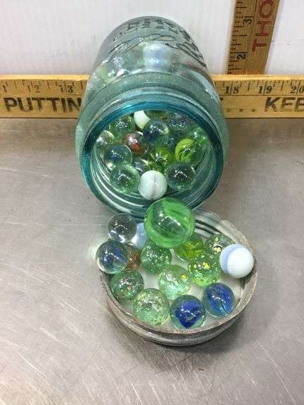 Ball Canning Jar With Marbles and Burlap Sack