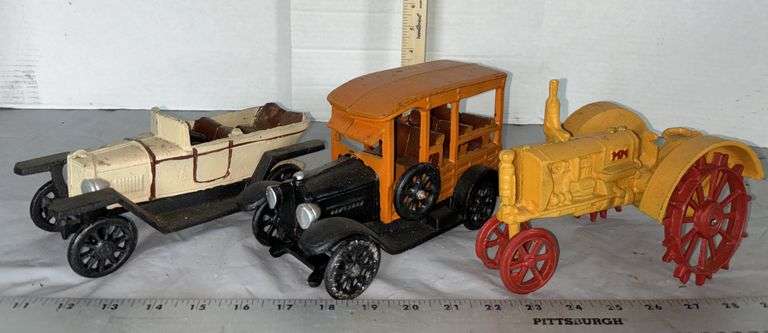 Cast Iron Jalopy Car, 1920' Cab Taxi & Minneapolis Moline J Tractor w/ Steel Wheels