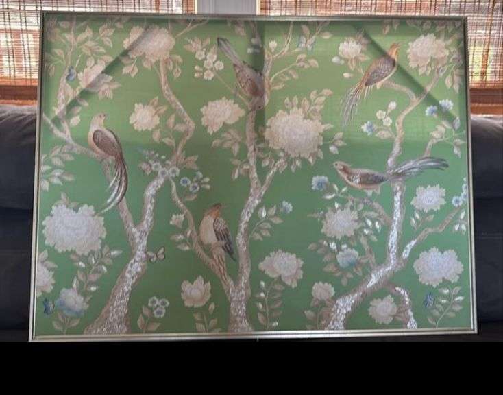 XL Beautiful Bird Stretched Canvas 46” x 34” Framed w/ Silver Accents