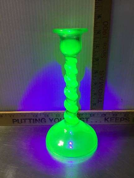 Green Uranium Depression Glass Twisted Candlestick Holders