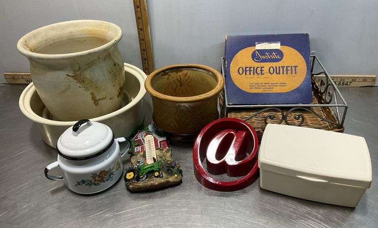 John Deere Thermometer, Flower Pots, Enamel Pot, Office Stampers, Hooks & More