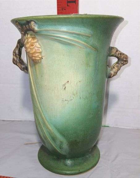 Roseville Pine Cone Green Handled Vase