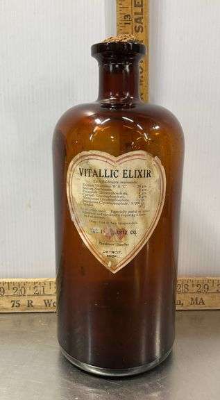 Vintage Large Brown Glass Detroit Vitallic Elixir Bottle