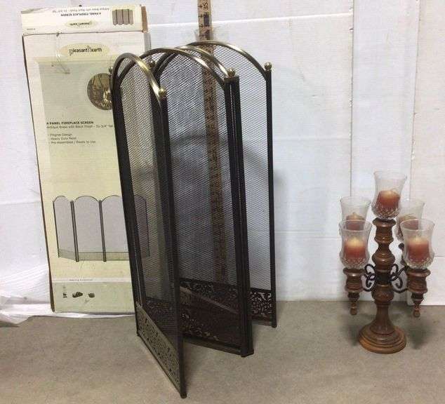 Pleasant Hearth 4 Panel Fire Screen and Wood Tiered Candle Holder