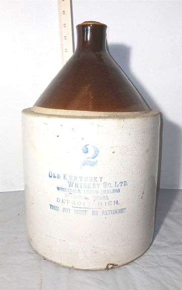 Antique Stoneware Whiskey Jug From Old Kentucky Whiskey Co. of Detroit Michigan