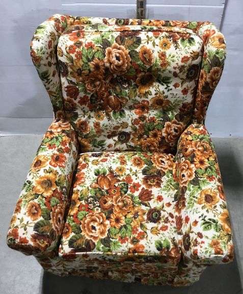 Mid Century Modern Orange Floral Upholstered Armchair
