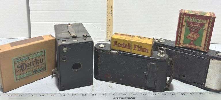 Kodak Brownie Box Camera, Two Kodak Film Fold Cameras, & Kodak Autographic 122 Film w/ Box