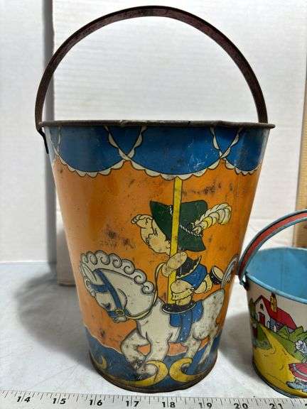 Sunshine Butter Wafers Tin, American Logs Container & Vintage Metal Sand Buckets