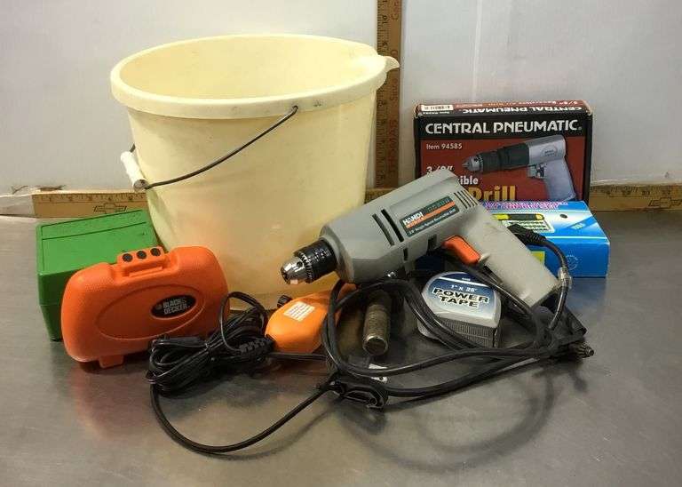 Handi Works Drill (has power), Scriber (has power), Bucket, 3 Way Ratchet Drivet Set and More