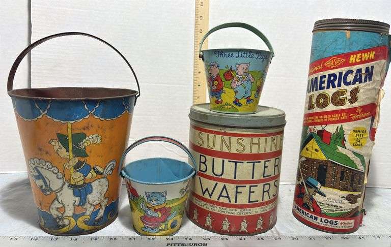 Sunshine Butter Wafers Tin, American Logs Container & Vintage Metal Sand Buckets